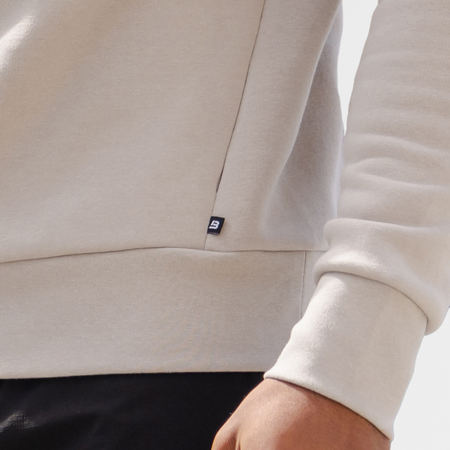 Bee Inspired Neto Overhead Hoodie in Clay, slim fit hoodie in soft peached brushback fabric, close-up