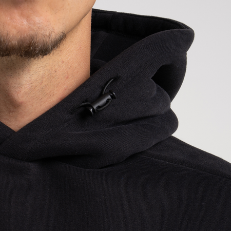 Bee Inspired Neto Overhead Hoodie in Black, slim fit hoodie in soft peached brushback fabric, close-up