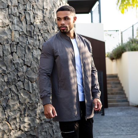 Bee Inspired Neves Longline Bomber Jacket in Zinc, longline bomber jacket with a baseball style neckline and zip front