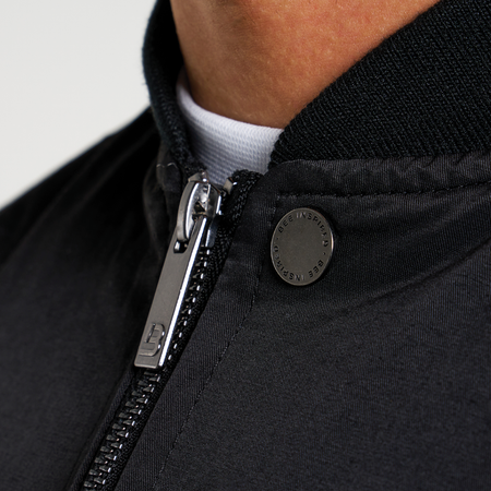 Bee Inspired Neves Longline Bomber Jacket in Black, longline bomber jacket with a baseball style neckline and zip front