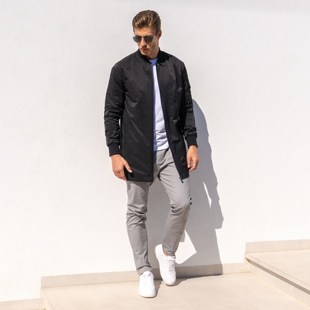 Bee Inspired Neves Longline Bomber Jacket in Black, longline bomber jacket with a baseball style neckline and zip front