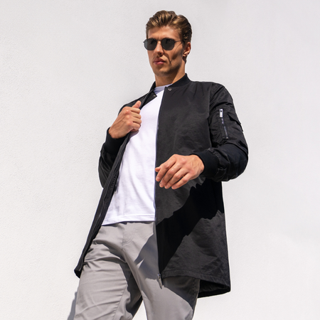 Bee Inspired Neves Longline Bomber Jacket in Black, longline bomber jacket with a baseball style neckline and zip front