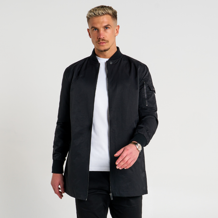 Bee Inspired Neves Longline Bomber Jacket in Black, longline bomber jacket with a baseball style neckline and zip front