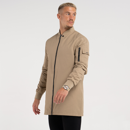 Bee Inspired Neves Longline Bomber Jacket in Sand, longline bomber jacket with a baseball style neckline and zip front