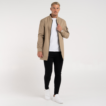 Bee Inspired Neves Longline Bomber Jacket in Sand, longline bomber jacket with a baseball style neckline and zip front