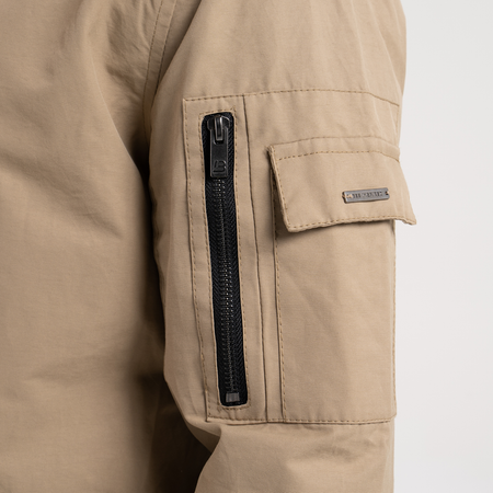 Bee Inspired Neves Longline Bomber Jacket in Sand, longline bomber jacket with a baseball style neckline and zip front