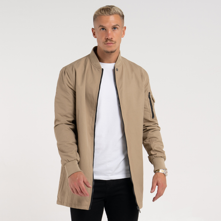 Bee Inspired Neves Longline Bomber Jacket in Sand, longline bomber jacket with a baseball style neckline and zip front