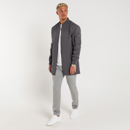 Bee Inspired Halle Chino in Grey, slim fit tapered chinos with a faux leather waist patch, styled shot