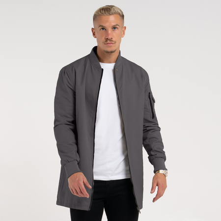 Bee Inspired Neves Longline Bomber Jacket in Zinc, longline bomber jacket with a baseball style neckline and zip front