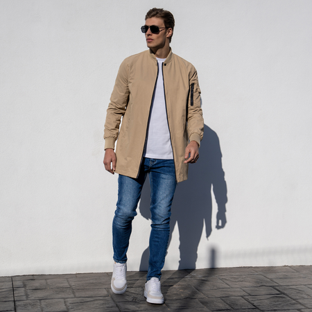 Bee Inspired Neves Longline Bomber Jacket in Sand, longline bomber jacket with a baseball style neckline and zip front