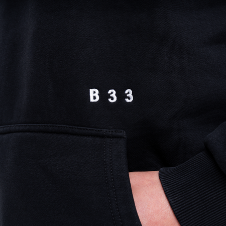 Bee Inspired Initial Hoodie in Black, relaxed fit hoodie, part of the B33 Foundations range, close-up