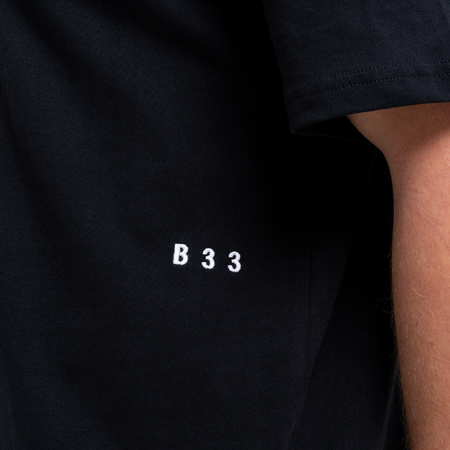Bee Inspired Initial T-Shirt in Black, regular fit tee, part of the B33 Foundations range, close-up