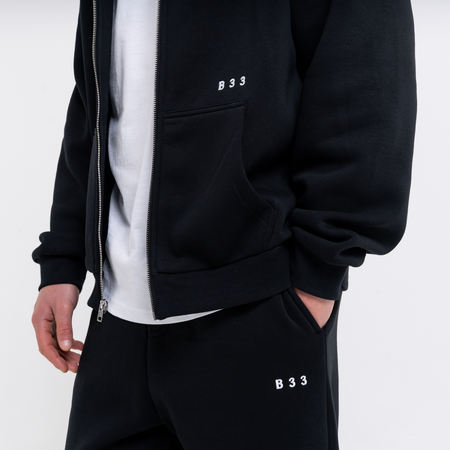 Bee Inspired Initial Zip Hoodie in Black, relaxed fit zip hoodie, part of the B33 Foundations range, alternate angle