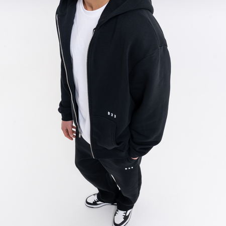 Bee Inspired Initial Zip Hoodie in Black, relaxed fit zip hoodie, part of the B33 Foundations range, front view