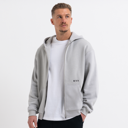 Bee Inspired Initial Zip Hoodie in Light Grey, relaxed fit zip hoodie, part of the B33 Foundations range, front view