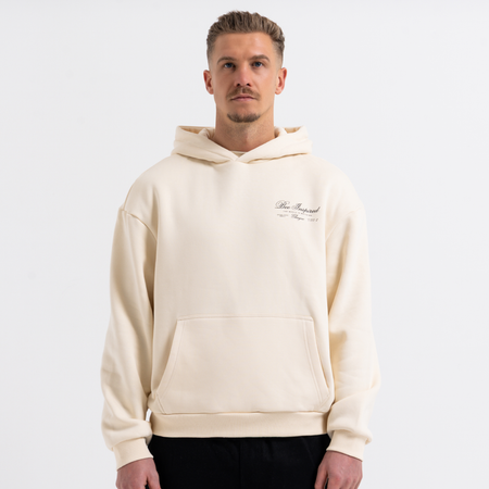 Bee Inspired Olise Hoodie in Sand, relaxed fit hoodie with stretch cuffs and hem, close-up