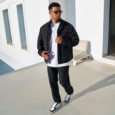 Bee Inspired Onana Cargo Pants in Black, regular fit cargo trousers in a lightweight fabric with utility pockets, close-up