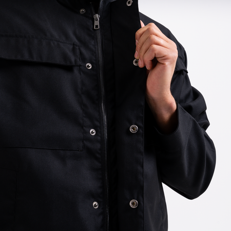 Bee Inspired Onana Jacket in Black, utility-style jacket with tonal Bee branding and chest pockets, front view