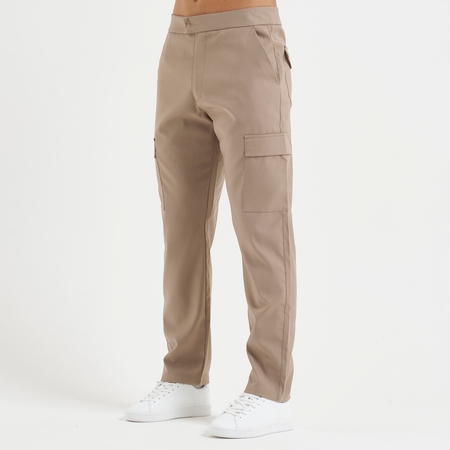 Bee Inspired Onana Cargo Pants in Taupe, regular fit cargo trousers in a lightweight fabric with utility pockets, close-up