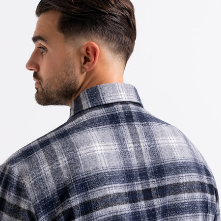 Bee Inspired Fernandez Shirt in Grey/Navy Check, brushed check overshirt with two chest pockets and an embroidered bee detail