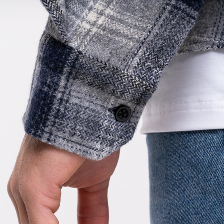 Bee Inspired Fernandez Shirt in Grey/Navy Check, brushed check overshirt with two chest pockets and an embroidered bee detail