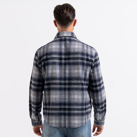 Bee Inspired Fernandez Shirt in Grey/Navy Check, brushed check overshirt with two chest pockets and an embroidered bee detail