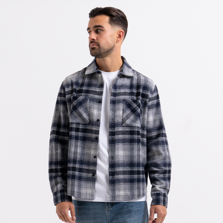 Bee Inspired Fernandez Shirt in Grey/Navy Check, brushed check overshirt with two chest pockets and an embroidered bee detail