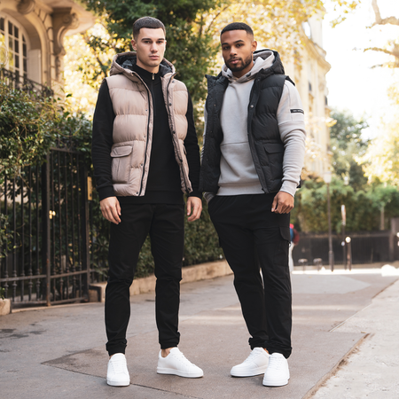 Bee Inspired Aaronson Gilet in Black, heavyweight hooded gilet with a chest pocket and multiple utility pockets