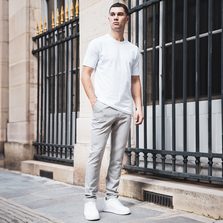 Bee Inspired Halle Chino in Grey, slim fit tapered chinos with a faux leather waist patch, alternate angle