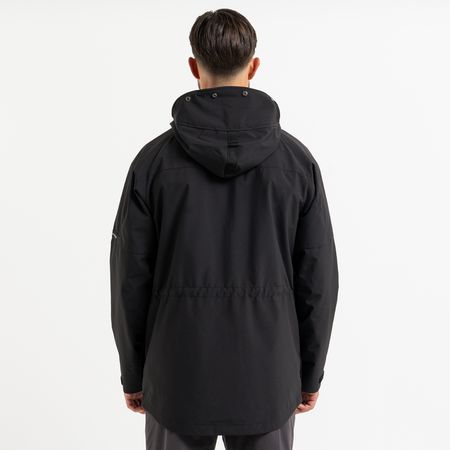 Bee Inspired Pellegrini Jacket in Black, multi-pocket jacket with a hood that packs away, close-up