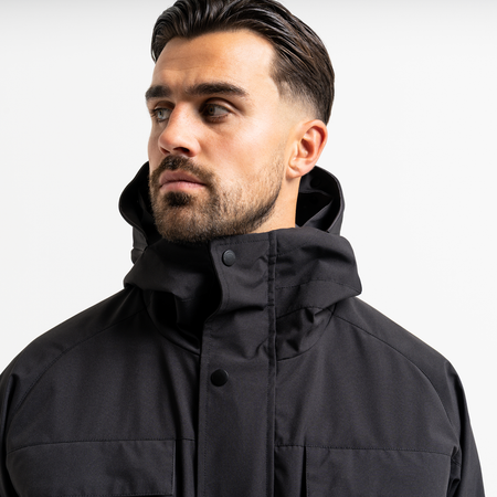 Bee Inspired Pellegrini Jacket in Black, multi-pocket jacket with a hood that packs away, front view