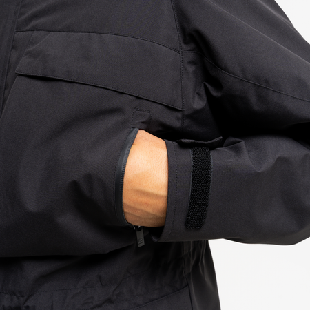Bee Inspired Pellegrini Jacket in Black, multi-pocket jacket with a hood that packs away, back view