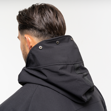 Bee Inspired Pellegrini Jacket in Black, multi-pocket jacket with a hood that packs away, close-up