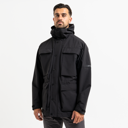 Bee Inspired Pellegrini Jacket in Black, multi-pocket jacket with a hood that packs away, front view