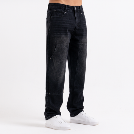 Bee Inspired Pirlo Relaxed Jeans in Black, relaxed fit jeans with structured workwear-inspired panelling, close-up