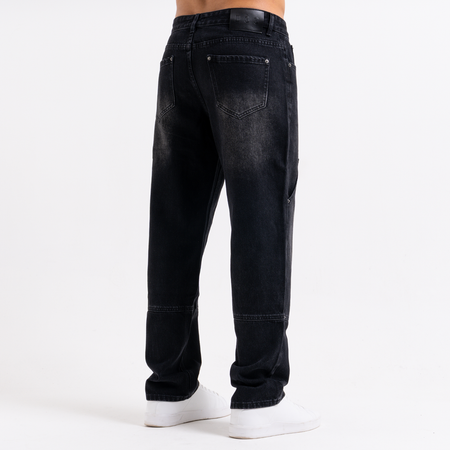 Bee Inspired Pirlo Relaxed Jeans in Black, relaxed fit jeans with structured workwear-inspired panelling, back view