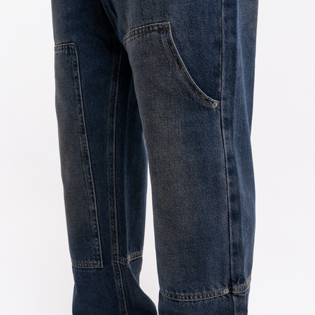 Bee Inspired Pirlo Relaxed Jeans in Indigo Wash, relaxed fit jeans with structured workwear-inspired panelling, close-up