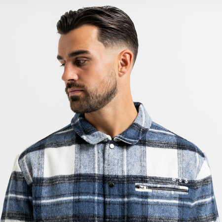 Bee Inspired Porteous Overshirt in Blue/White, brushed check overshirt with a zip chest pocket and embroidered branding