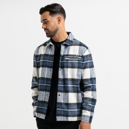 Bee Inspired Porteous Overshirt in Blue/White, brushed check overshirt with a zip chest pocket and embroidered branding