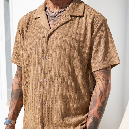 Bee Inspired Raya Shirt in Caramel, short sleeve shirt with a classic camp collar, close-up