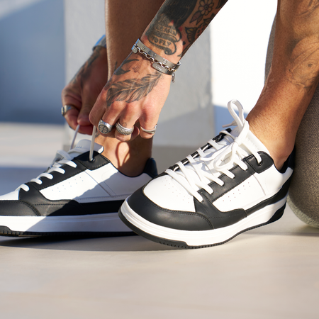 Bee Inspired Renato Cupsole Trainer in White/Black, court-inspired trainer with a premium finish, close-up crop shot