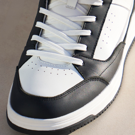 Bee Inspired Renato Cupsole Trainer in White/Black, court-inspired trainer with a premium finish, close-up crop shot