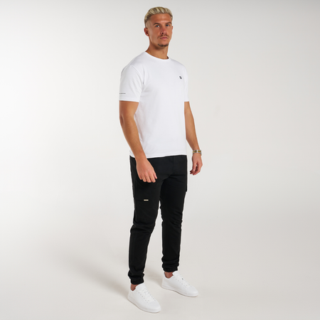 Bee Inspired Rivero Cargo Pants in Black, regular fit cargo trousers with multiple utility pockets, close-up