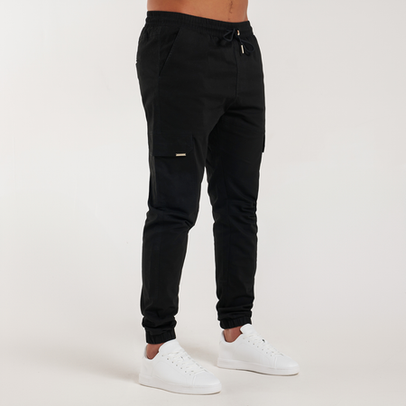 Bee Inspired Rivero Cargo Pants in Black, regular fit cargo trousers with multiple utility pockets, back view
