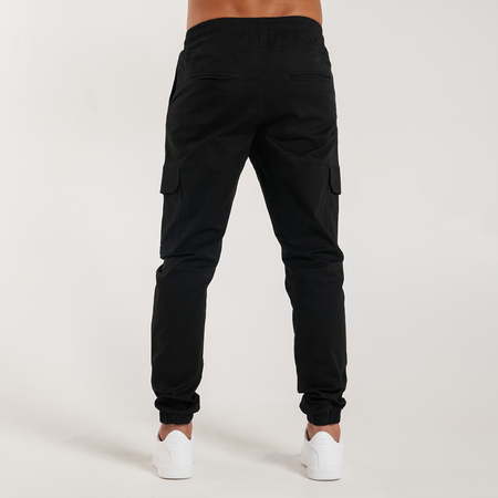 Bee Inspired Rivero Cargo Pants in Black, regular fit cargo trousers with multiple utility pockets, alternate angle