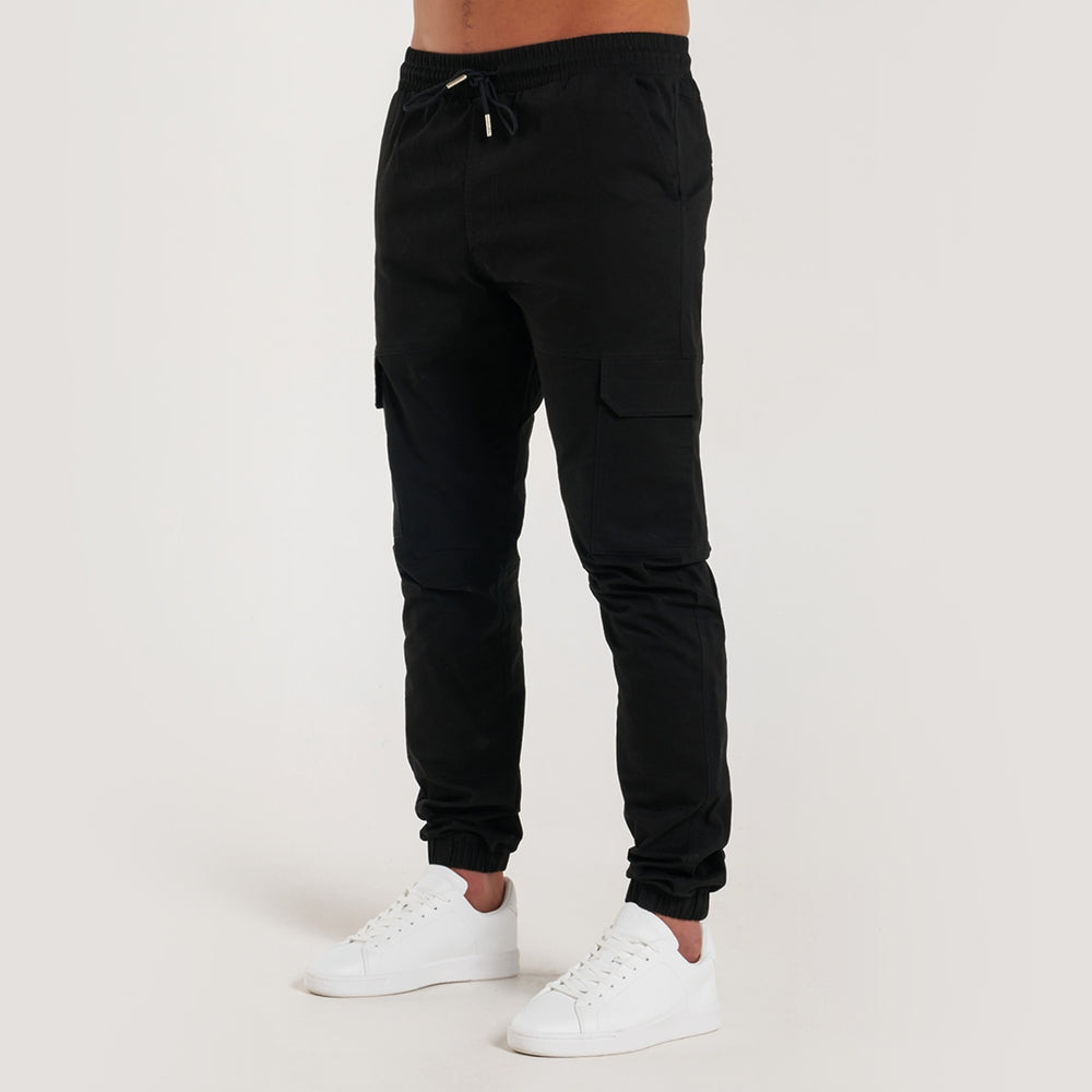 Rivero Cargo Pants in black with stretch ankle cuffs