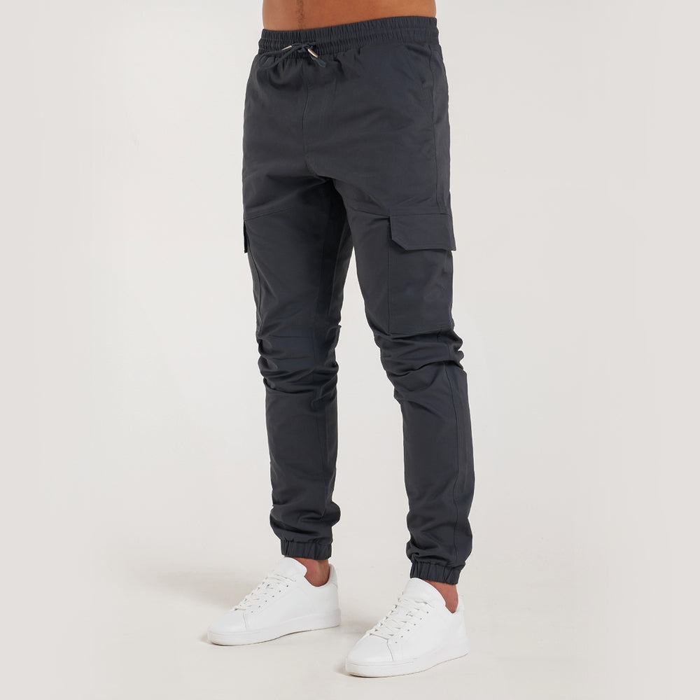 Rivero Cargo Pants in charcoal with stretch ankle cuffs