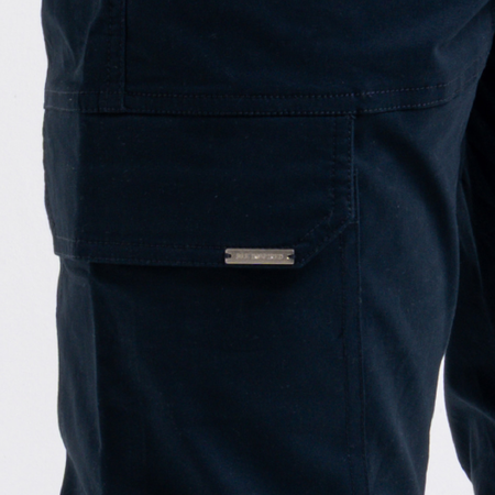Bee Inspired Rivero Cargo Pants in Dark Navy, regular fit cargo trousers with multiple utility pockets, close-up