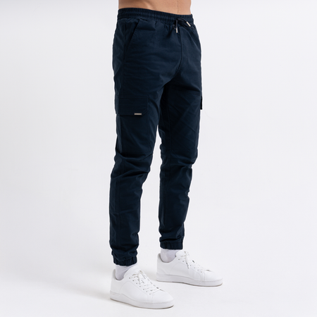 Bee Inspired Rivero Cargo Pants in Dark Navy, regular fit cargo trousers with multiple utility pockets, front view
