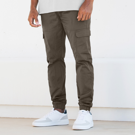 Bee Inspired Rivero Cargo Pants in Khaki, regular fit cargo trousers with multiple utility pockets, styled lifestyle shot